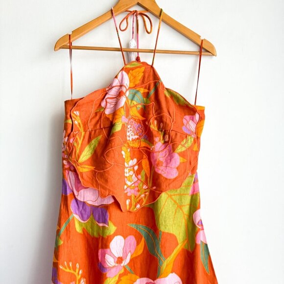 Caroline Constas Halter Dress Orange Floral Linen Blend Embroidered NWT M - Picture 9 of 10
